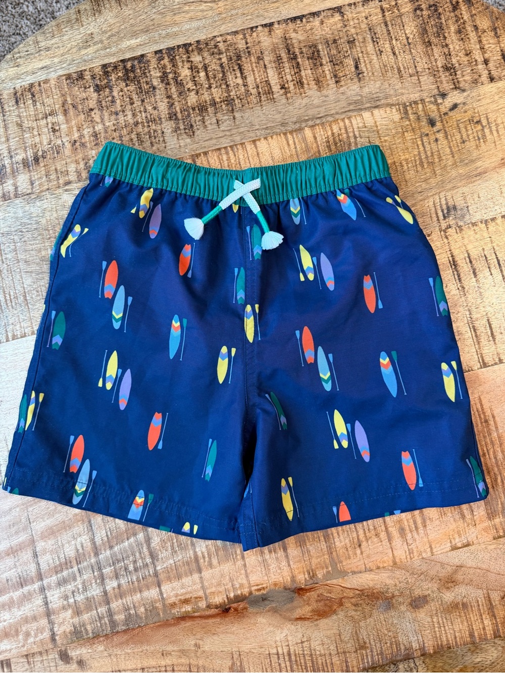 Mini Boden Kids Navy Surfboard Print Swim Shorts - Green Waistband